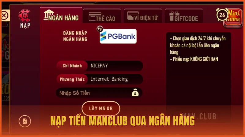 Nạp tiền ManClub qua ngân hàng siêu nhanh và an toàn