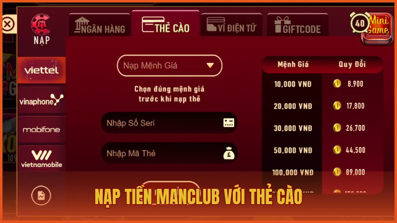 Nạp tiền vào ManClub với thẻ cào đơn giản và bảo mật