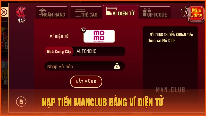 Nạp tiền trên ManClub bằng ví điện tử cho người chơi thích tiện lợi
