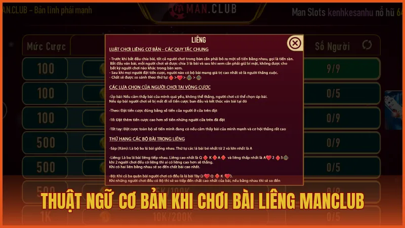 Những thuật ngữ cơ bản khi chơi bài Liêng tại ManClub